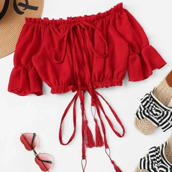 NEW Red Tassel Drawstring Off Shoulder Crop Top XL - Picture 2 of 6